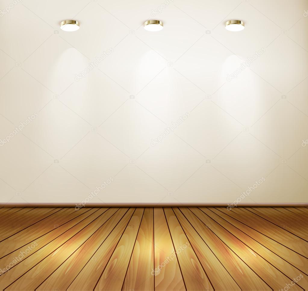 Wall with spotlights and wooden floor. Showroom concept. Vector — Stock Vector © almoond 39732925