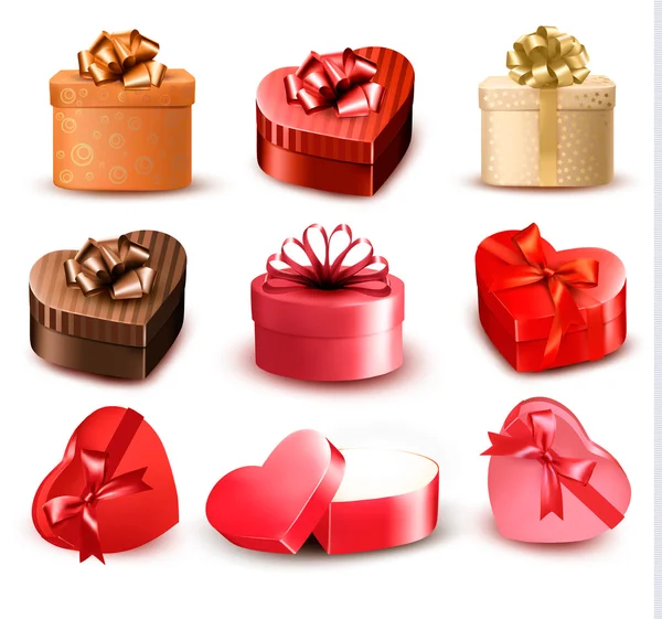 Set di scatole colorate regalo a forma di cuore con fiocchi e nastri. V — Vettoriale Stock