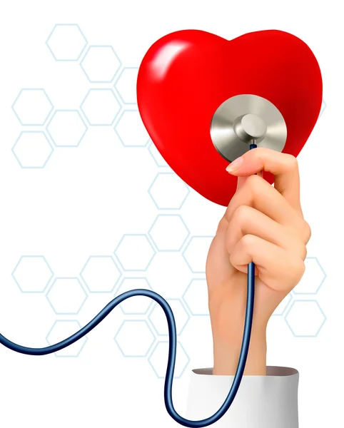 Fondo con la mano sosteniendo un estetoscopio contra un corazón. Vect. — Vector de stock