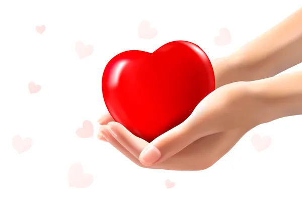 Svátek svatého Valentýna pozadí oběma rukama drží červené srdce. v — Stockový vektor