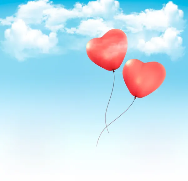 Ballons Saint-Valentin en forme de cœur dans un ciel bleu avec des nuages. Vecteur — Image vectorielle