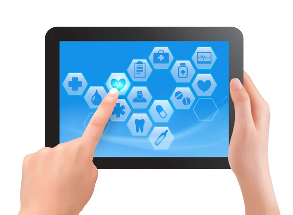 Écran tactile à deux mains de tablette avec icônes médicales. Vecteur — Image vectorielle