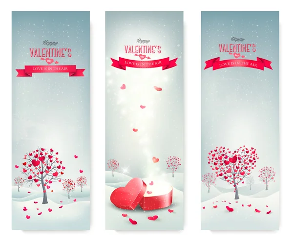 Holiday retro banners. Valentine trees with heart-shaped leaves. — Stock Vector