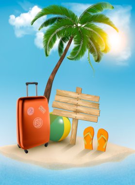 tatil arka plan. palmiye ağacı, bavul ve flip flo plaj
