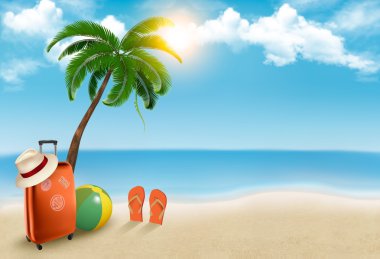 tatil arka plan. palmiye ağacı, bavul ve flip flo plaj