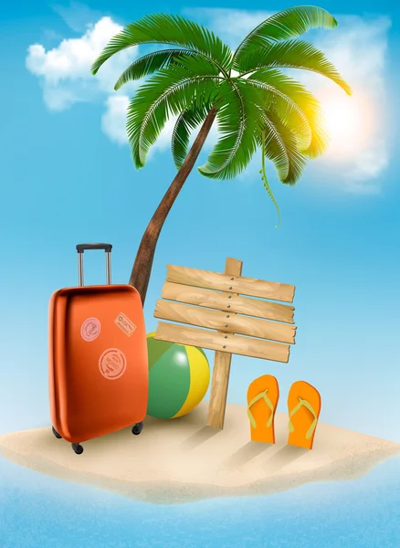 Vacation background. Beach with palm tree, suitcase and flip flo — Stock Vector