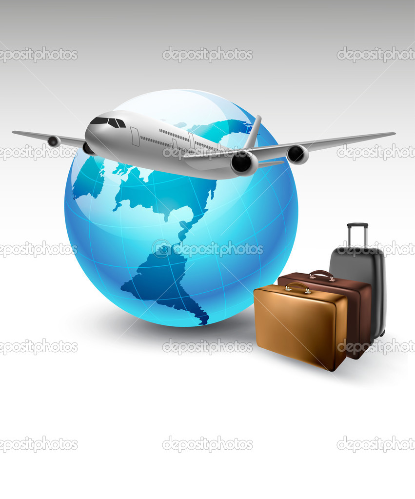 Background with airplane and globe. Travel concept. Vector