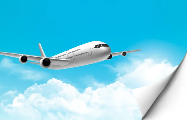 Fondo de viaje con un avión y una esquina doblada. Vector . — Vector de stock