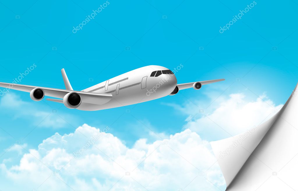 Travel background with an airplane and a bent corner. Vector.