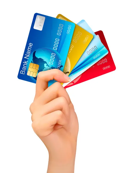 Main tenant des cartes de crédit. Illustration vectorielle . — Image vectorielle