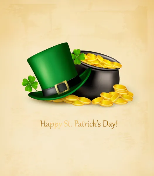Fond Saint-Patrick avec des feuilles de trèfle, chapeau vert et — Image vectorielle