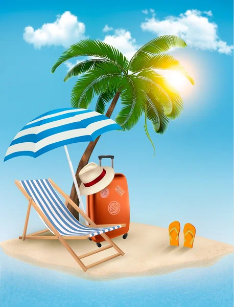 Seaside view with a palm tree, beach chair and parasol. Summer v — Stock Vector