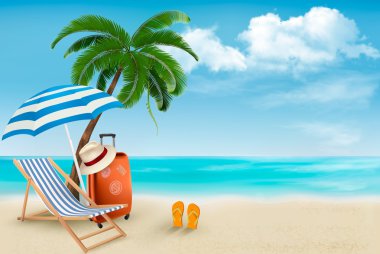 Beach with palm trees and beach chair. Summer vacation concept b clipart