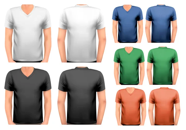 Camisetas masculinas pretas e brancas e coloridas. Modelo de design. Vetor. — Vetor de Stock