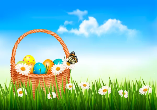 Fondo de Pascua con huevos de Pascua en cesta y mariposa en fl — Vector de stock