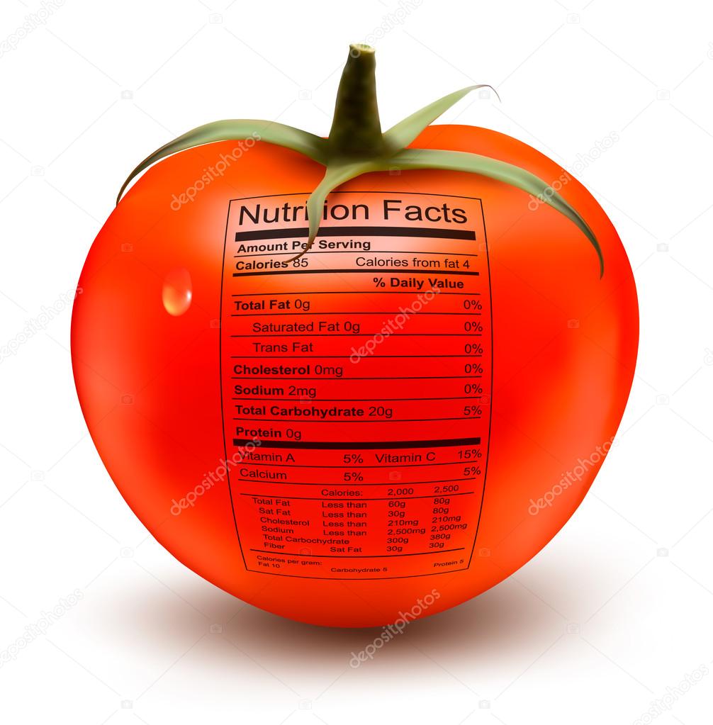 Tomato with a nutrition facts label. Concept of healthy food. Ve