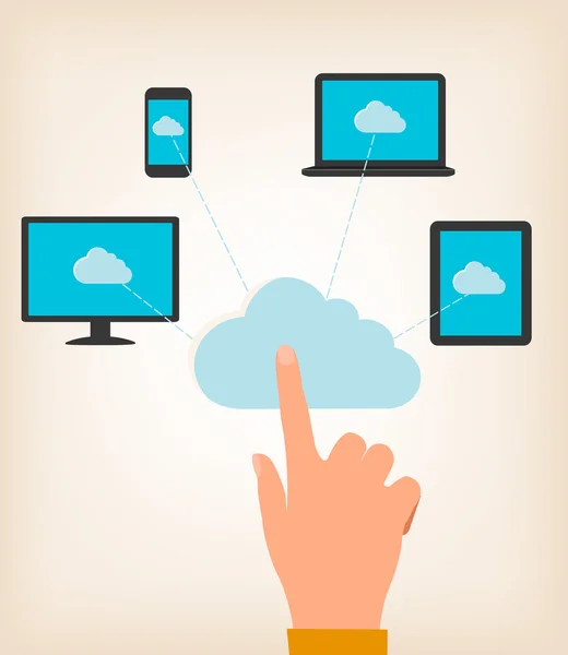 Flat design concept of cloud computing concept with hand and com — Stock Vector