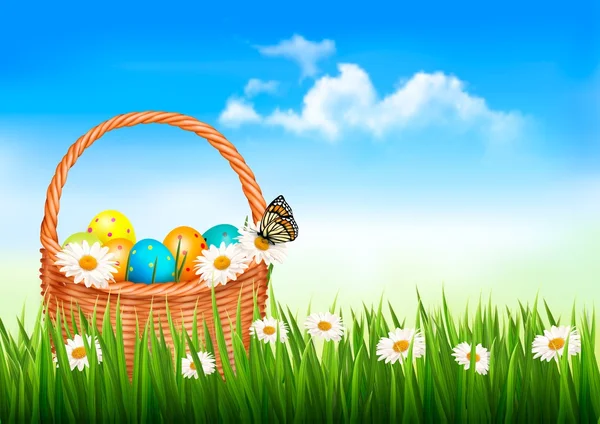 Fond de Pâques. Oeufs de Pâques et fleurs dans un panier dans le gr — Image vectorielle