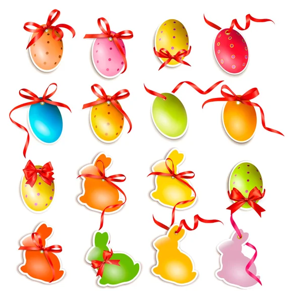 Huevos decorativos de Pascua. Tarjetas de Pascua con lazos y cintas. Vect. — Vector de stock