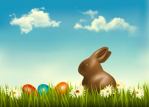 Lapin en chocolat avec des œufs de Pâques dans l'herbe. Vecteur . — Image vectorielle