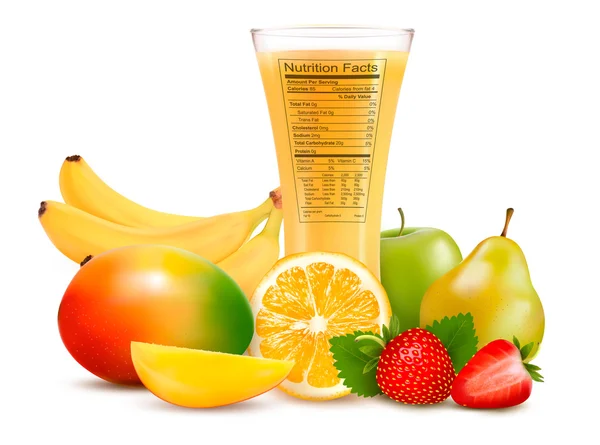 Frutta fresca e un bicchiere di succo con un'etichetta nutrizionale. V — Vettoriale Stock