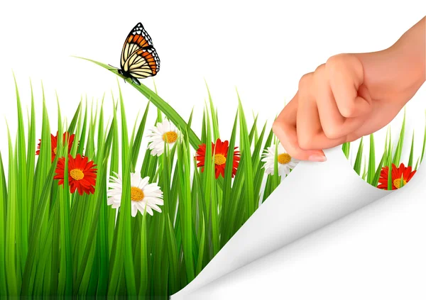 Fond printanier avec des fleurs, de l'herbe et une main. Vecteur . — Image vectorielle