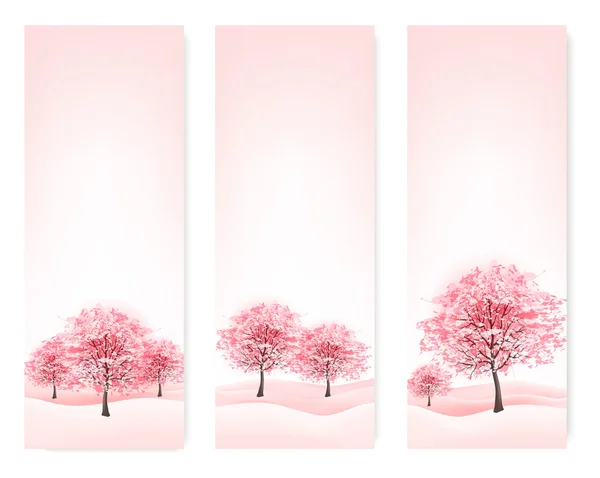 Tres pancartas de primavera con árboles florecientes de sakura. Vector . — Vector de stock