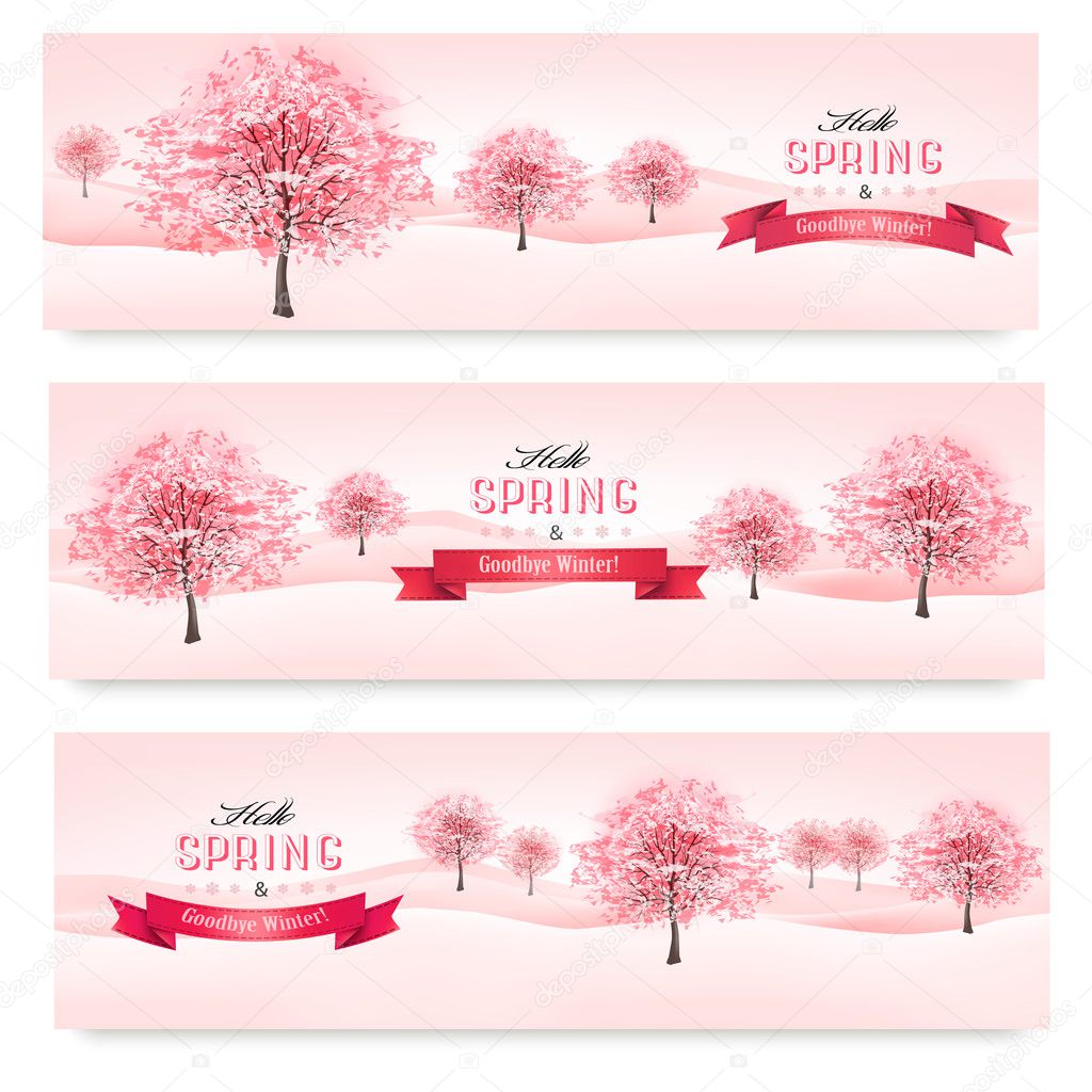 Three spring banners with blossoming sakura trees. Vector. 