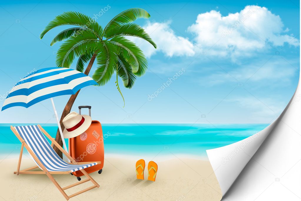 Beach with palm trees and beach chair. Summer vacation concept b