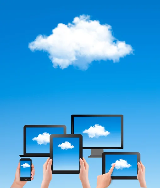 Cloud Computing Konzept. Hand mit blauem Himmel und weißen Wolken. vec — Stockvektor