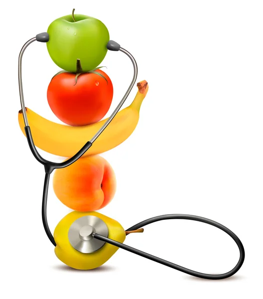 Fruit with a stethoscope. Healthy diet concept. Vector. — Stock Vector