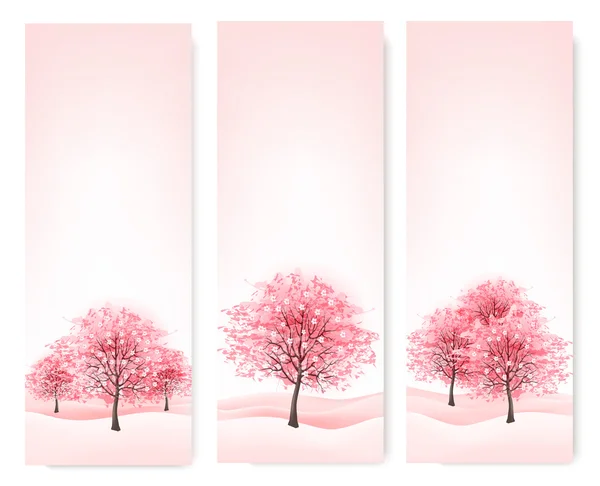 Três bandeiras de primavera com árvores de sakura florescentes. Vetor . — Vetor de Stock