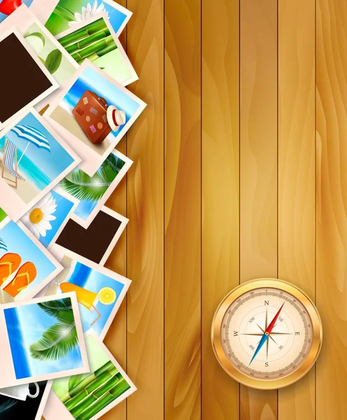 Reizen foto's en kompas op hout achtergrond. vector illustratio — Stockvector
