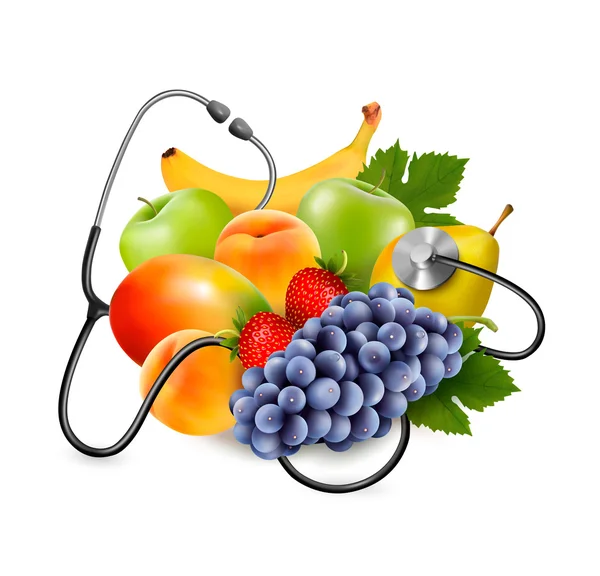 Fruit with a stethoscope. Healthy eating concept. Vector. — Stock Vector