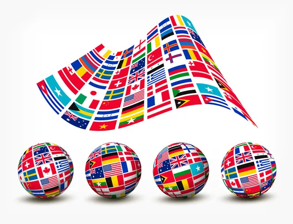 Bandeiras dos países do mundo. Quatro globos. Vetor . — Vetor de Stock