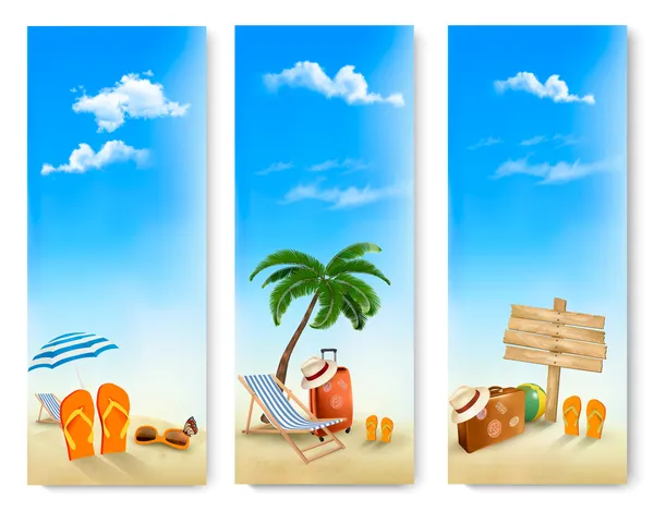 Tres pancartas de vacaciones de verano. Vector . — Archivo Imágenes Vectoriales