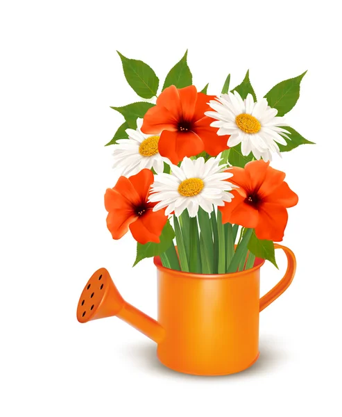 Summer flowers in a watering can. Vector. — Stock Vector