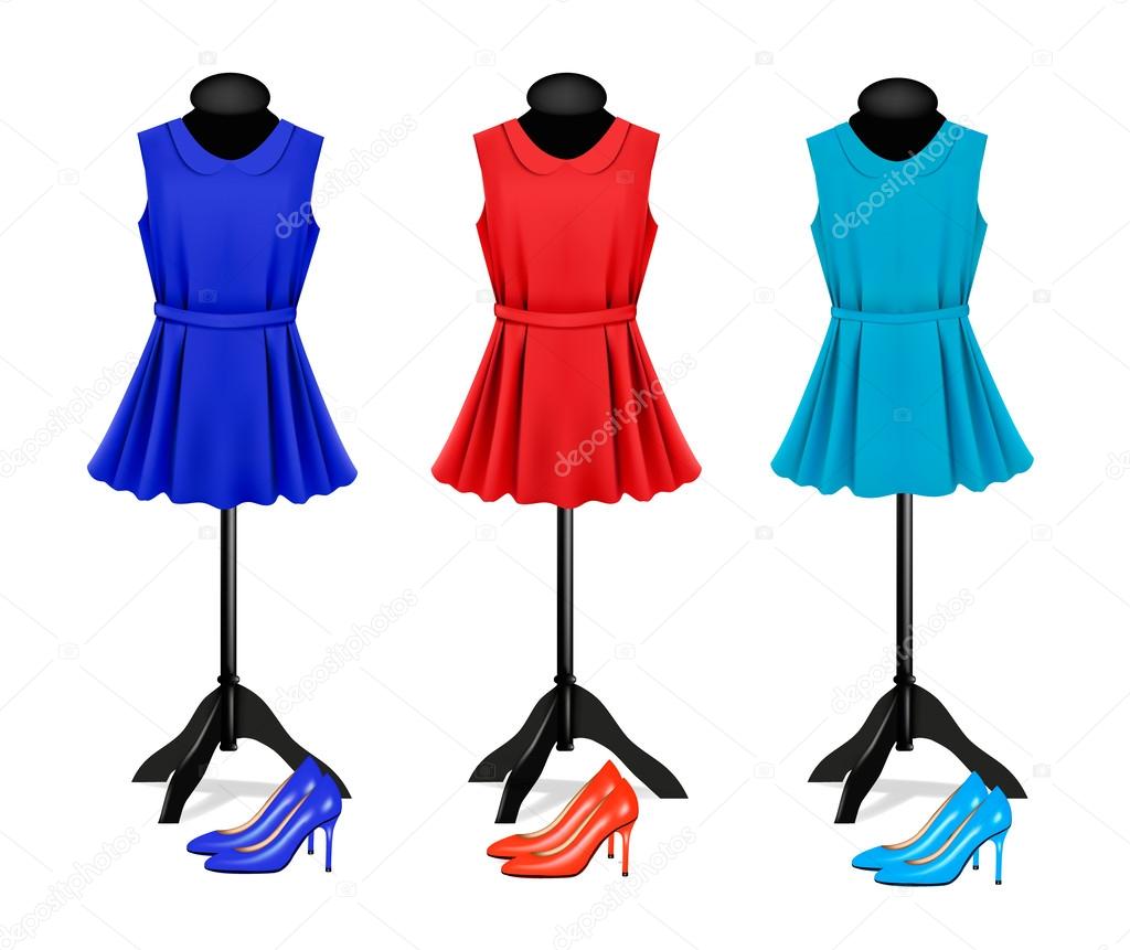Fashion boutique background with colorful dresses and shoes. Vec
