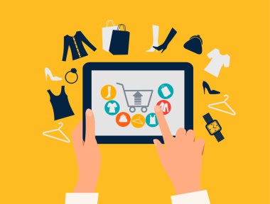 e-alışveriş kavramı. alışveriş simgeleri ile bir tablet dokunmadan eller.