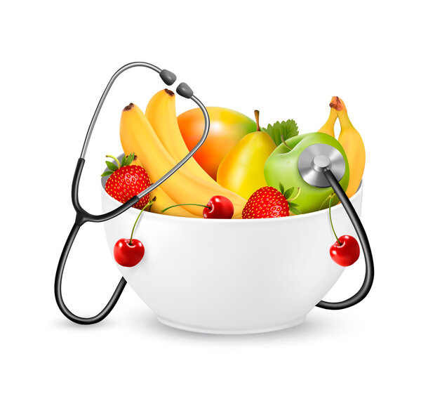 Fruit with a stethoscope. Healthy diet concept. Vector. 