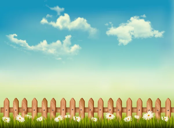 Retro-Hintergrund mit Zaun, Gras, Himmel und Blumen. Vektor. — Stockvektor