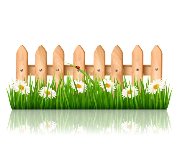 Background with a wooden fence with grass, flowers and butterfli — Stock Vector