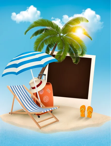 Beach with a palm tree, a photograph and a beach chair. Summer v — Stock Vector