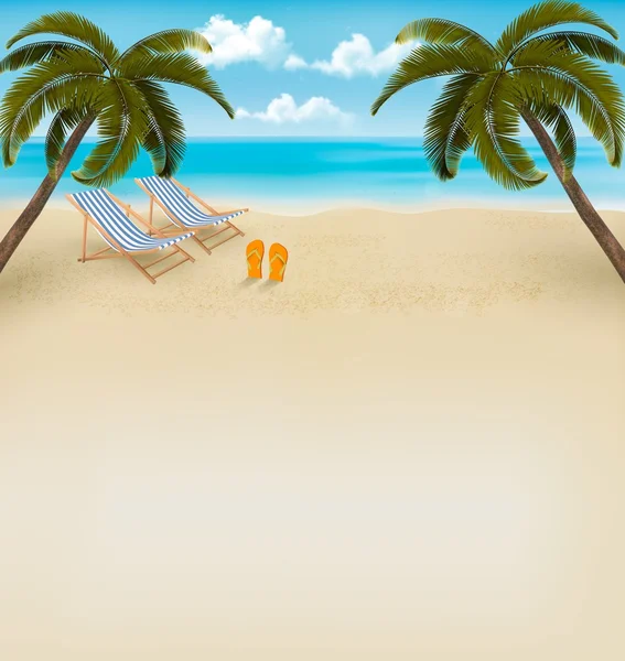 Sfondo vacanza. Spiaggia con palme e ciabatte. Vecto — Vettoriale Stock
