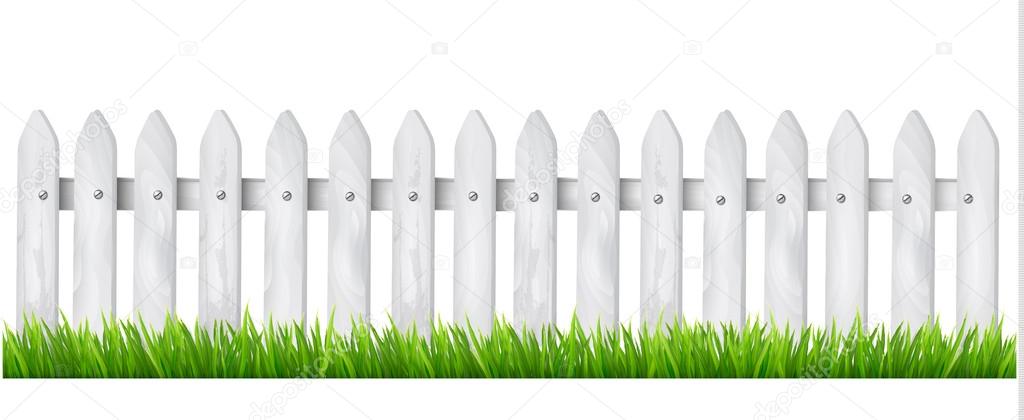 Background with a white wooden fence with grass. Vector. 