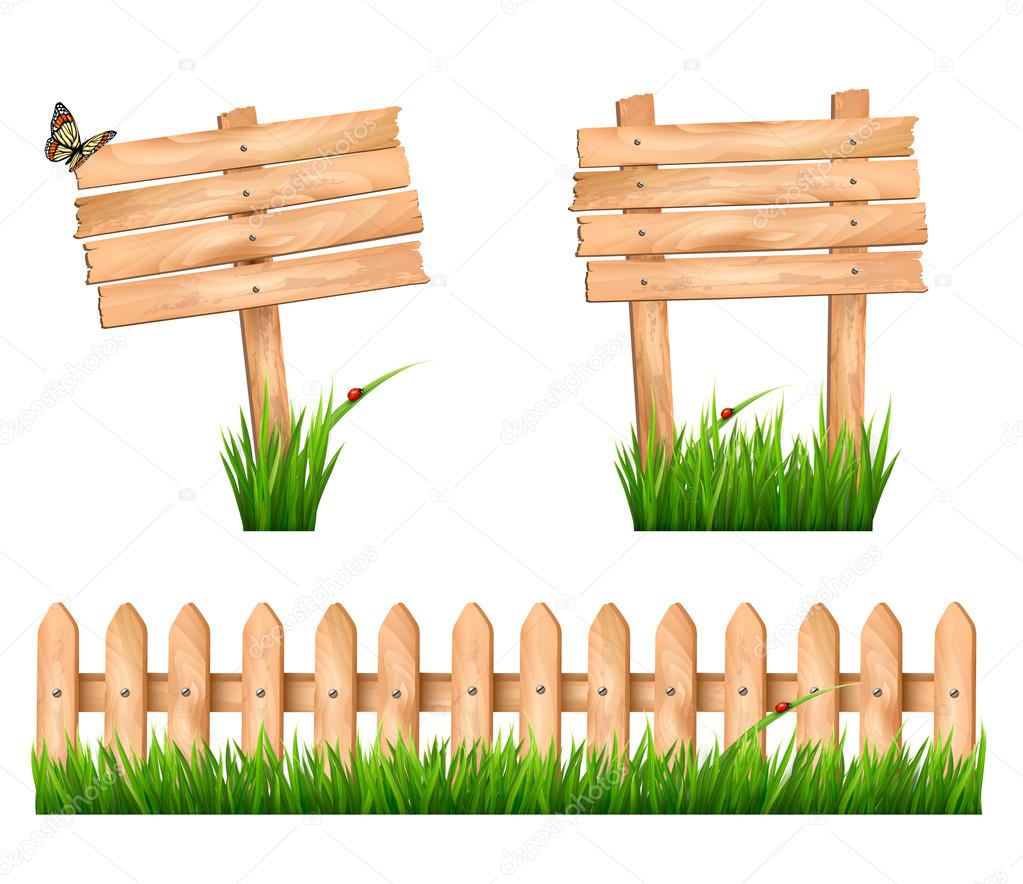 Two wooden signs and a fence with grass. Vector. 