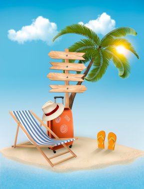 palmiye ağacı, yön işareti ve bir plaj sandalyesi ile plaj. yaz tatil kavramı arka plan. vektör.