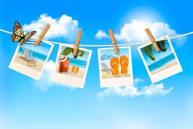 Vacation photos hanging on a rope. Vector.  clipart