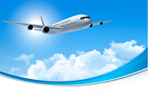 Fond de voyage avec un avion et des nuages blancs. Vecteur . — Image vectorielle