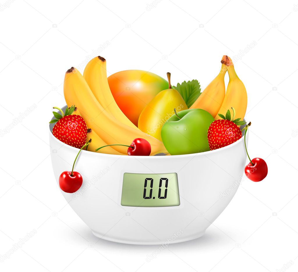 Fruit with in a digital weight scale. Diet concept. Vector. 
